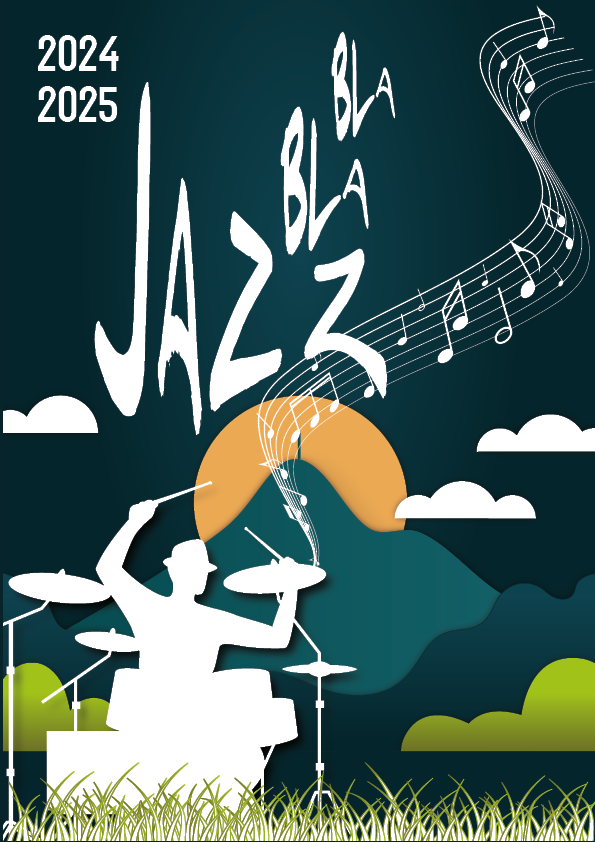 Affiche du BLABLAJAZZ 2024- 2025. L'affiche représente un batteur au pied du Puy de Dôme